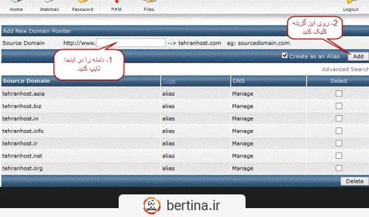 add new domain pointers in directadmin